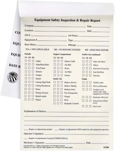 Equipment Safety Inspection Report 10-pk. - Book Format with 31 Sets, 2-Ply, Carbonless, 5.5" x 8.5", J. J. Keller & Associates, Inc. in Kuwait