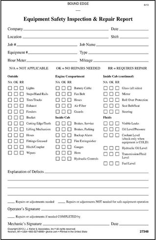 Equipment Safety Inspection Report 10-pk. - Book Format with 31 Sets, 2-Ply, Carbonless, 5.5" x 8.5", J. J. Keller & Associates, Inc. in Kuwait