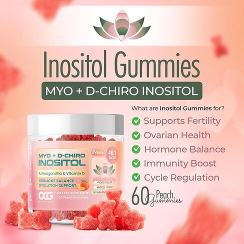 Myo-Inositol & D-Chiro Inositol Gummies with Ashwagandha | Ovulation & Mood Support, 40:1 Ratio Inositol for Hormone Balance, Sugar-Free, PCOS Support (60 Gummies) in Kuwait