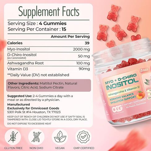 Myo-Inositol & D-Chiro Inositol Gummies with Ashwagandha | Ovulation & Mood Support, 40:1 Ratio Inositol for Hormone Balance, Sugar-Free, PCOS Support (60 Gummies) in Kuwait