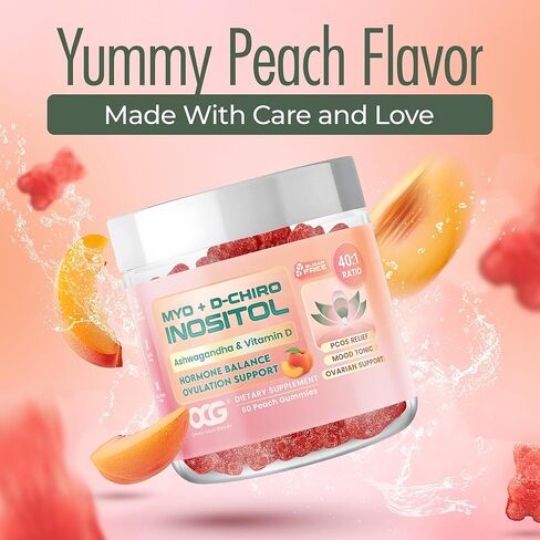 Myo-Inositol & D-Chiro Inositol Gummies with Ashwagandha | Ovulation & Mood Support, 40:1 Ratio Inositol for Hormone Balance, Sugar-Free, PCOS Support (60 Gummies) in Kuwait