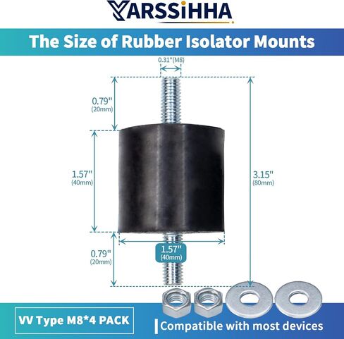 Yarssihha 4 Pack M8 Anti-Vibration Rubber Isolator Mounts, 40x40mm Rubber Studs Shock Absorber, Cylindrical Vibration Isolators for Diesel Engines, Air Compressors, Vibration Motor in Kuwait