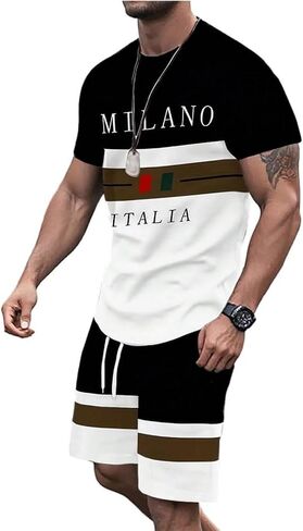 WDIRARA Men's 2 Piece Outfits Anchor Print Striped Tracksuits Short Sleeve T Shirt and Drawstring Shorts Sets in Kuwait