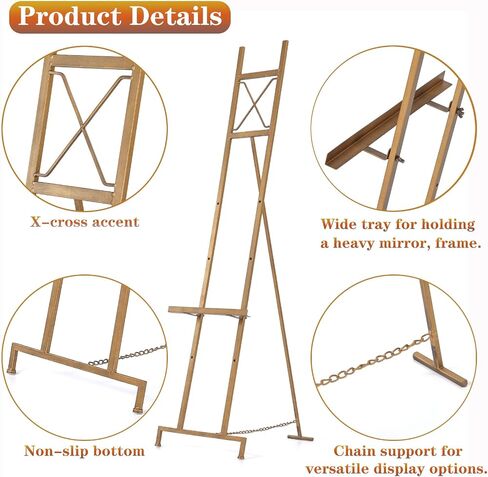 Metal Free Standing Adjustable Display Stand Easel with Chain Support, Gold Easel Stand for Sign with Bow Top, Heavy Duty Easel for Mirror, Sign, Wedding, Picture Frame.(No Installation Required) in Kuwait