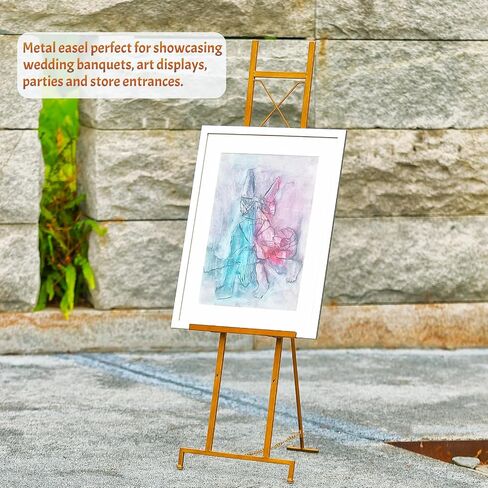 Metal Free Standing Adjustable Display Stand Easel with Chain Support, Gold Easel Stand for Sign with Bow Top, Heavy Duty Easel for Mirror, Sign, Wedding, Picture Frame.(No Installation Required) in Kuwait