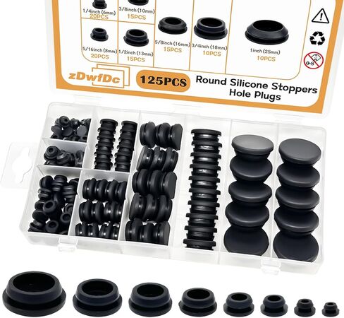 125PCS 8 Sizes Black Rubber Plugs for Round Holes Silicone Plugs, 1" 3/4" 5/8" 1/2" 3/8" 5/16" 1/4" 1/5" Round Hole Plug Snap Locking, Used for Furniture DD028-b in Kuwait