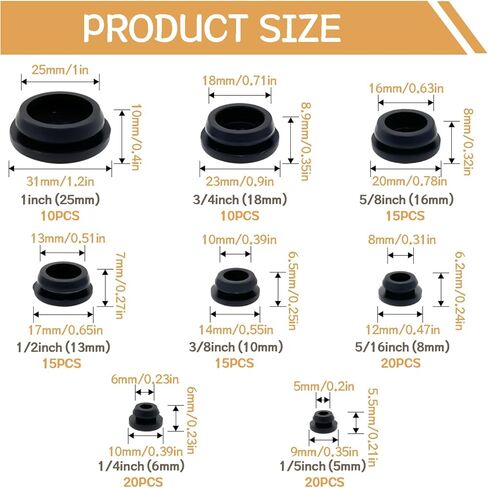 125PCS 8 Sizes Black Rubber Plugs for Round Holes Silicone Plugs, 1" 3/4" 5/8" 1/2" 3/8" 5/16" 1/4" 1/5" Round Hole Plug Snap Locking, Used for Furniture DD028-b in Kuwait