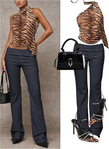 GORGLITTER Women's Low Rise Dress Pants Dressy Casual Low Waisted Wide Leg Straight Trousers Capri Pants Work Business in Kuwait