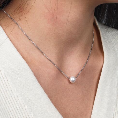 PEARLIE Dainty Pearl Pendant Necklaces for Women Handpicked Freshwater Cultured Single Bead, Simple Necklace Pendant Silvery Choker Delicate Pearl Chain Necklace Summer Costume Accessories in Saudi Arabia