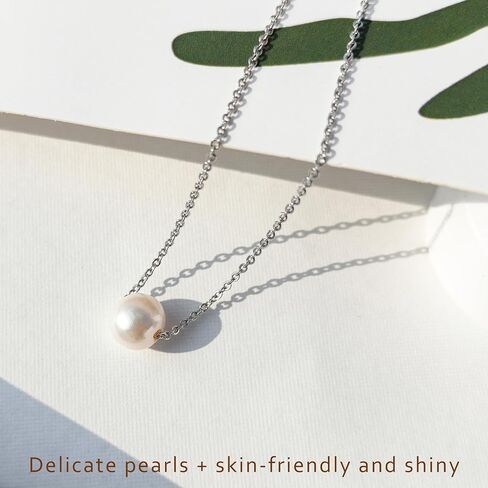 PEARLIE Dainty Pearl Pendant Necklaces for Women Handpicked Freshwater Cultured Single Bead, Simple Necklace Pendant Silvery Choker Delicate Pearl Chain Necklace Summer Costume Accessories in Saudi Arabia