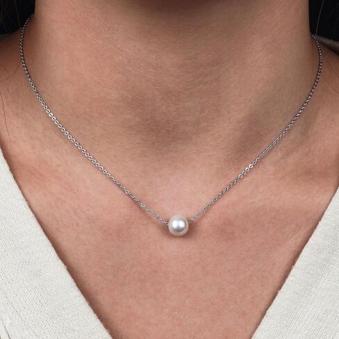 PEARLIE Dainty Pearl Pendant Necklaces for Women Handpicked Freshwater Cultured Single Bead, Simple Necklace Pendant Silvery Choker Delicate Pearl Chain Necklace Summer Costume Accessories in Saudi Arabia