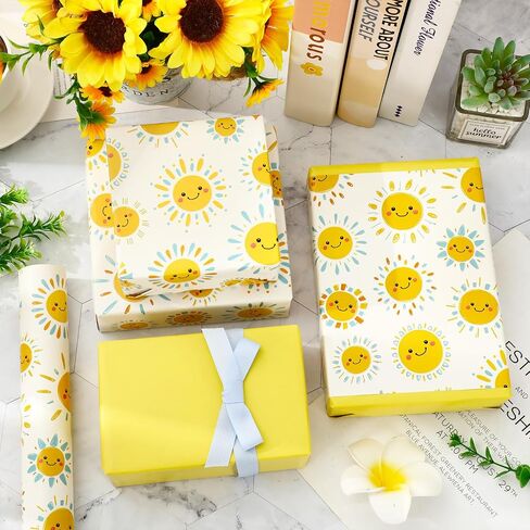 Jarthenaamcs Sun Smile Smile Wabs Duff Paper -Mini Roll- 17in × 32.8 قدمًا رحلة أول حول ورق Sun Glack Wrap Paper الأصفر المطبوع من أشعة الشمس المصنوعة in Kuwait