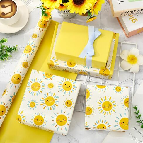 Jarthenaamcs Sun Smile Smile Wabs Duff Paper -Mini Roll- 17in × 32.8 قدمًا رحلة أول حول ورق Sun Glack Wrap Paper الأصفر المطبوع من أشعة الشمس المصنوعة in Kuwait