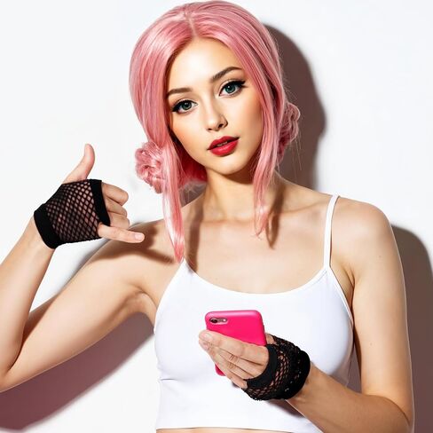 Lusofie Pink Short Fingerless Fishnet Gloves for Women Kids 90s Party Neon Fingerless Gloves Rose Red Rocker Clothes Fashion Net Mesh Gloves for 80s Masquerade Halloween Cosplay Role Play Supplies in Saudi Arabia