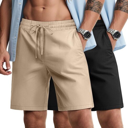 2 Pack Men's Big and Tall Linen Bermuda Shorts Casual Drawstring Summer Cotton Beach Shorts with Pocket in Kuwait
