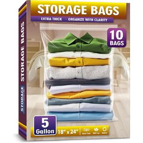 Extra Large 5 Gallon Zippered Plastic Bags for Storage- 18'' x 24'', Ideal for Clothes Clothing, Travel, Moving, 2-mil Thick Clear Plastic, 10 pack in Kuwait