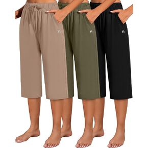 Neer 3 Pack Women's Capri Pants, Cotton Wide Leg Basic Sweatpants Lounge Loose Fit Casual Drawstring Yoga Capris with Pockets(Black, Mocha, Dark Gray,XX-Large) in Kuwait