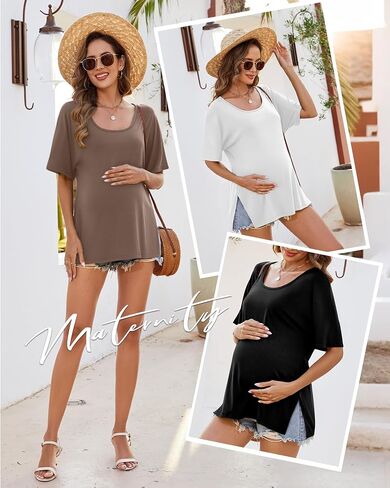 Riyiper 3 Pack Women's Maternity Shirts Dolman Sleeve 35% Cotton Side Split U Neck Pregnancy Tops Summer Casual Tunic Tees in Saudi Arabia