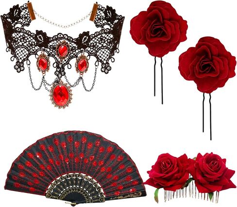 Women Rose Flower Hair Clip Flamenco Accessories,Embroidered Sequins Fabric Handheld Folding Fan,Choker and Earrings for Flamenco Dancer Costume Halloween Cosplay Party 4PCS in Saudi Arabia