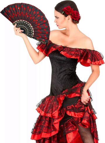 Women Rose Flower Hair Clip Flamenco Accessories,Embroidered Sequins Fabric Handheld Folding Fan,Choker and Earrings for Flamenco Dancer Costume Halloween Cosplay Party 4PCS in Saudi Arabia