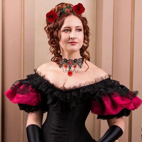 Women Rose Flower Hair Clip Flamenco Accessories,Embroidered Sequins Fabric Handheld Folding Fan,Choker and Earrings for Flamenco Dancer Costume Halloween Cosplay Party 4PCS in Saudi Arabia
