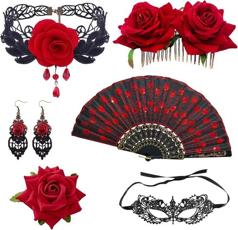 Women Rose Flower Hair Clip Flamenco Accessories,Embroidered Sequins Fabric Handheld Folding Fan,Choker and Earrings for Flamenco Dancer Costume Halloween Cosplay Party 4PCS in Saudi Arabia