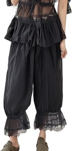 Women Y2k Lace Trim Pants Smocked Elastic Waist Long Bloomers Pant Ruffle Cropped Lounge Pajama Short Pants Slip in Saudi Arabia