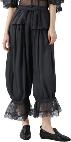Women Y2k Lace Trim Pants Smocked Elastic Waist Long Bloomers Pant Ruffle Cropped Lounge Pajama Short Pants Slip in Saudi Arabia