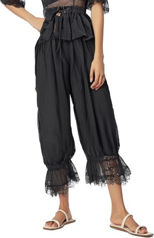 Women Y2k Lace Trim Pants Smocked Elastic Waist Long Bloomers Pant Ruffle Cropped Lounge Pajama Short Pants Slip in Saudi Arabia