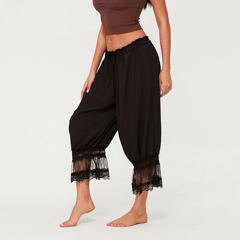 Women Y2k Lace Trim Pants Smocked Elastic Waist Long Bloomers Pant Ruffle Cropped Lounge Pajama Short Pants Slip in Saudi Arabia