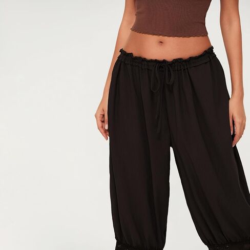 Women Y2k Lace Trim Pants Smocked Elastic Waist Long Bloomers Pant Ruffle Cropped Lounge Pajama Short Pants Slip in Saudi Arabia
