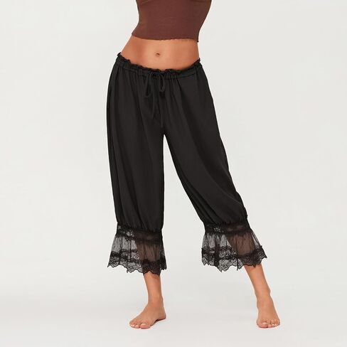 Women Y2k Lace Trim Pants Smocked Elastic Waist Long Bloomers Pant Ruffle Cropped Lounge Pajama Short Pants Slip in Saudi Arabia