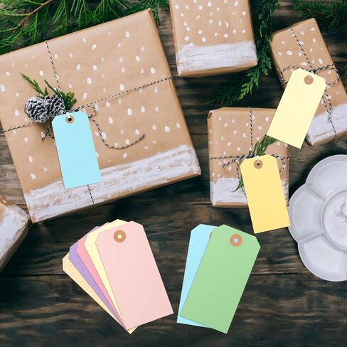 120PCS Blank Shipping Tag, 4 3/4 x 2 3/8 inches Manila Label Tags with String Attached Reinforced Hole Writable Large Marking Hang Tags with Wire (Morandi) in Kuwait