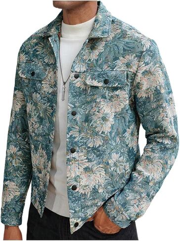 Men's Vintage Floral Embroidery Jackets Collared Neck Long Sleeve Jackets Button Down Drop Shoulder Outerwear in Saudi Arabia
