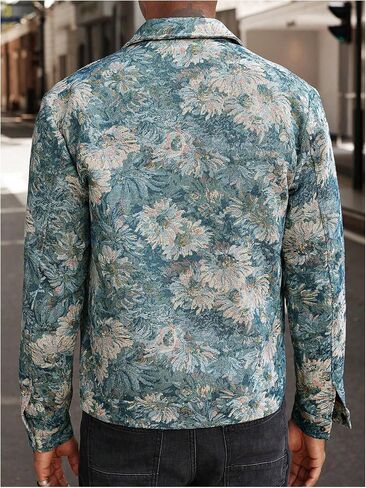 Men's Vintage Floral Embroidery Jackets Collared Neck Long Sleeve Jackets Button Down Drop Shoulder Outerwear in Saudi Arabia