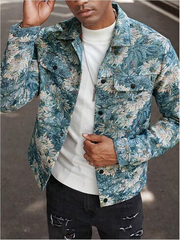 Men's Vintage Floral Embroidery Jackets Collared Neck Long Sleeve Jackets Button Down Drop Shoulder Outerwear in Saudi Arabia