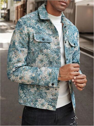 Men's Vintage Floral Embroidery Jackets Collared Neck Long Sleeve Jackets Button Down Drop Shoulder Outerwear in Saudi Arabia
