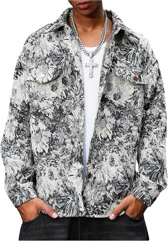 Men's Vintage Floral Embroidery Jackets Collared Neck Long Sleeve Jackets Button Down Drop Shoulder Outerwear in Saudi Arabia