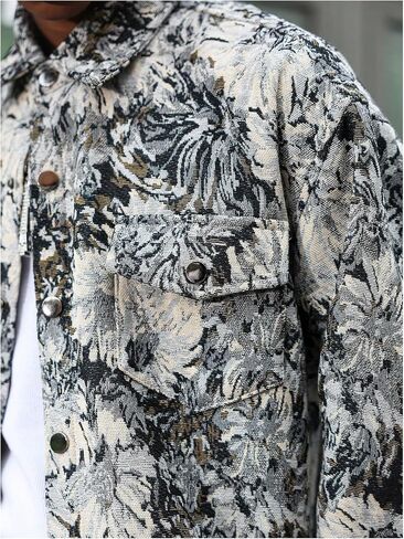 Men's Vintage Floral Embroidery Jackets Collared Neck Long Sleeve Jackets Button Down Drop Shoulder Outerwear in Saudi Arabia