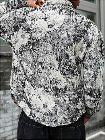 Men's Vintage Floral Embroidery Jackets Collared Neck Long Sleeve Jackets Button Down Drop Shoulder Outerwear in Saudi Arabia