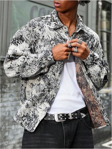 Men's Vintage Floral Embroidery Jackets Collared Neck Long Sleeve Jackets Button Down Drop Shoulder Outerwear in Saudi Arabia