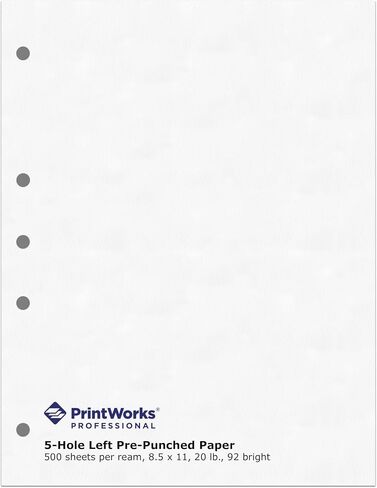 PrintWorks Professional Pre Punched Paper, 5 Hole Punch Left For 2 Ring & 3 Ring Binders & Side Fastener File Folders, 8.5 x 11, 20 lb., 500 Sheets (04340), White, 5-Hole Left Punched in Saudi Arabia