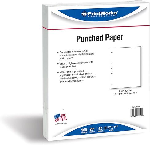 PrintWorks Professional Pre Punched Paper, 5 Hole Punch Left For 2 Ring & 3 Ring Binders & Side Fastener File Folders, 8.5 x 11, 20 lb., 500 Sheets (04340), White, 5-Hole Left Punched in Saudi Arabia