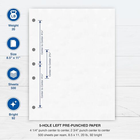 PrintWorks Professional Pre Punched Paper, 5 Hole Punch Left For 2 Ring & 3 Ring Binders & Side Fastener File Folders, 8.5 x 11, 20 lb., 500 Sheets (04340), White, 5-Hole Left Punched in Saudi Arabia