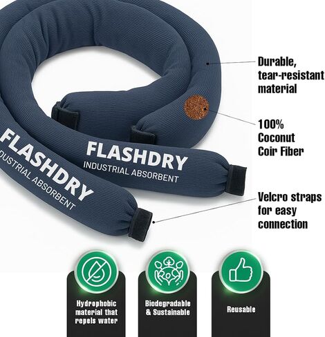 FlashDry Absorbent Socks with Coir 5 Ft – Heavy-Duty Spill Containment & Leak Control for Hydrocarbons and Machine Fluids – Customizable with Velcro Ends, Reusable for Industrial & Home Use in Saudi Arabia