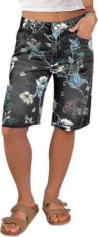 Flamingals High Waisted Bermuda Shorts for Women Knee Length Floral Print Stretchy Summer Denim Shorts Trendy in Kuwait