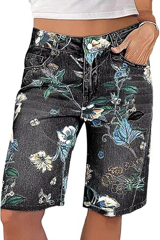 Flamingals High Waisted Bermuda Shorts for Women Knee Length Floral Print Stretchy Summer Denim Shorts Trendy in Kuwait