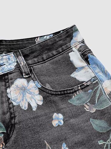 Flamingals High Waisted Bermuda Shorts for Women Knee Length Floral Print Stretchy Summer Denim Shorts Trendy in Kuwait