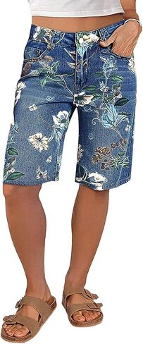 Flamingals High Waisted Bermuda Shorts for Women Knee Length Floral Print Stretchy Summer Denim Shorts Trendy in Kuwait