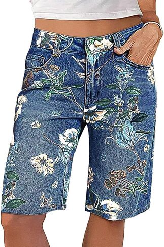 Flamingals High Waisted Bermuda Shorts for Women Knee Length Floral Print Stretchy Summer Denim Shorts Trendy in Kuwait